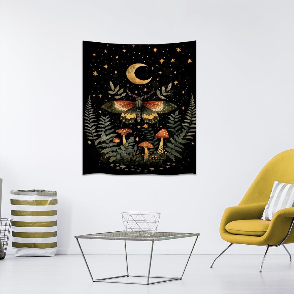 Mystical Moth Mushroom Tapestry Dark Academia Aesthetic Wall Hanging Decor Moon Star Witchy Print Butterfly Enchanted Forest Tapestries for Home Bedroom Living Room Office Decor 30x40inch