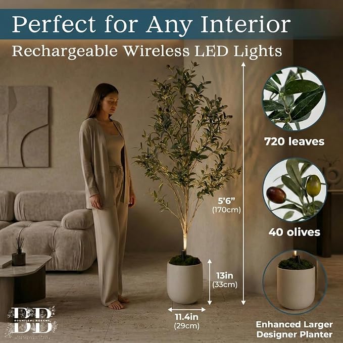 Artificial Olive Tree with Large Modern Planter, Rechargeable Wireless LED Light & Moss - Realistic Fake Potted Indoor Plant for Office and Home Decor (5.5FT)