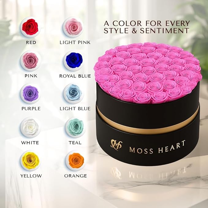 50 Petite Preserved Roses, Designer Round Box, Real Forever Roses Last 1+ Year, Premium Gift for Women, Wife, Girlfriend, Mother’s Day, Birthday, Anniversary, Valentine’s Day