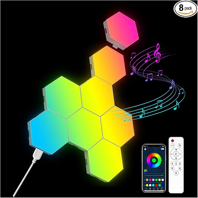 OJQ 8 Pack Hexagon Lights Wall RGB Panel - Hexagonal Led Lights Room Decor Wall Lights Gifts for Men/Women Honeycomb Shape Panels Hexagon Gaming Led Lights for Bedroom Children