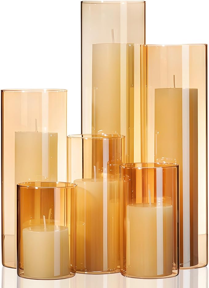 Shihanee Set of 6 Pillar Candles and Glass Cylinder Vases Assorted Sizes Cylinder Holders for Pillar Candles Home Table Centerpieces Wedding Party Decorations (Ivory，Amber)