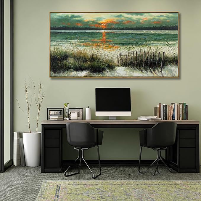 Kureful Green Abstract Wall Art Sunrise Beach Sea Ocean Sage Green Landscape Wall Decor Poster Pictures for Living Room Bedroom Dining Room 24"x48"