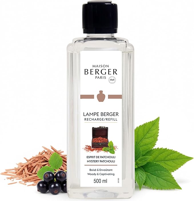 Maison Berger Mystery Patchouli Lampe Berger Refill, 500 ml (16.9 fl oz), 2-in-1 Catalytic System, Neutralizes Odors and Diffuses Fragrance, Rose, Blackcurrant, Patchouli, Sandalwood, Made in France