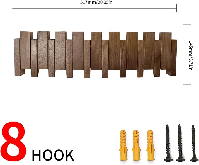 Wooden Coat Rack Hanger Wall Mount with 8 Hooks Wall Mounted Coat Rack Coat Rack Wall Mount Made of Walnut Wood