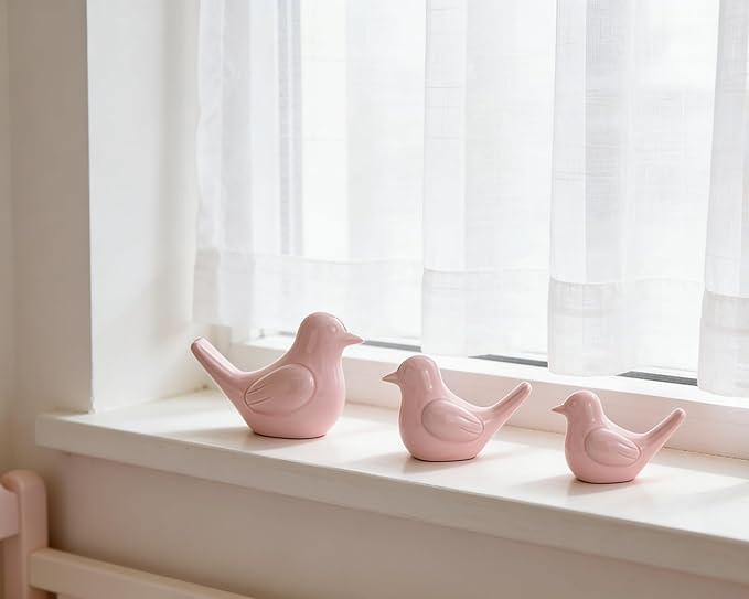Small Pink Bird Statue Ceramic 2-Piece Set, 3¾ inch Cute Knick Knack for Home Office Shelf Desk Decor