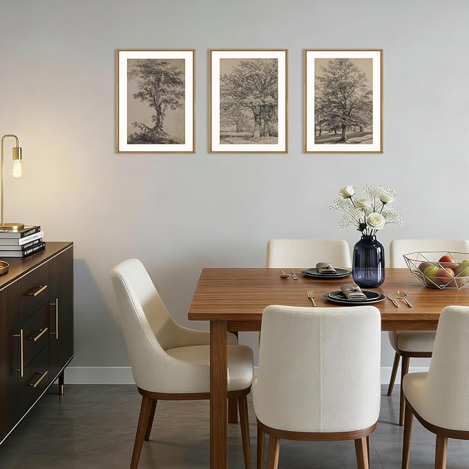 KAIRNE Vintage Tree Sketch Framed Canvas Wall Art Set, Antique Tree Drawings Wall Decor, Retro Forest Art Prints, Modern Nature Landscape Artwork for Living Room, Bedroom, Farmhouse, Office-12 x16 x3