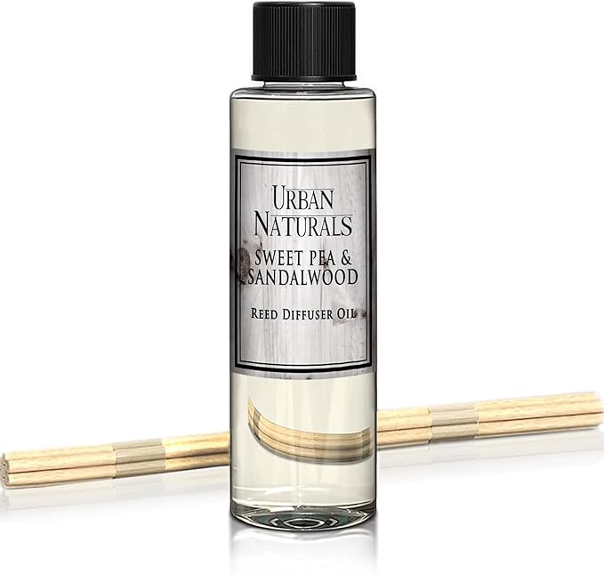 Urban Naturals Reed Diffuser Oil Refill, Sweet Pea & Sandalwood Diffuser Oils with Jasmine, Berries, Sweet Pea, 4 oz + Free Reed Sticks, Made in the USA