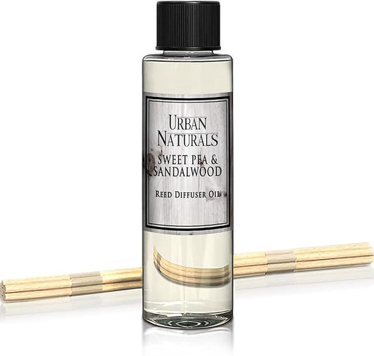 Urban Naturals Reed Diffuser Oil Refill, Sweet Pea & Sandalwood Diffuser Oils with Jasmine, Berries, Sweet Pea, 4 oz + Free Reed Sticks, Made in the USA