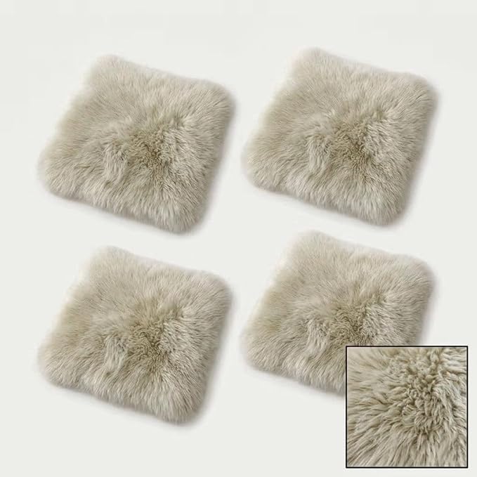Sheepskin Chair Cushion Non-Slip Back Square Genuine Fur Chair Cover Silky Natural Wool Seat Cushion Pad Soft Area Rugs Carpet for Home Office Restaurant Chair 18x18 Inch (Flaxen, Pack of 4)