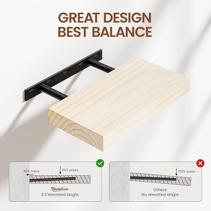 Heimlove Unfinished Wood Floating Shelves, Pine Shelves for Wall Set of 2, Wall Mounted Rustic Wood 8 Inch Deep Floating Shelf with Invisible Brackets for Bedroom Kitchen Living Room - Natural, 16x8
