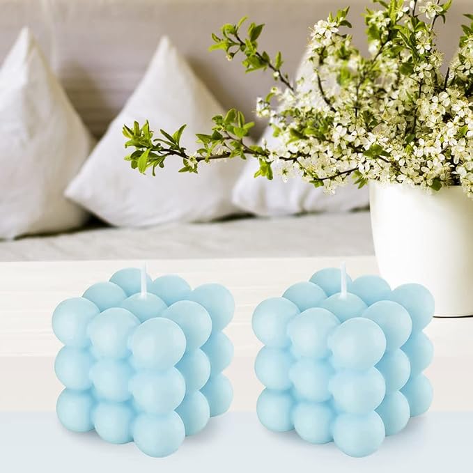 2PCS Blue Bubble Candle Cool Coastal Room Decor - Scented Cube Candles Floating Shelves Bubble Shaped Small Candle, Boho Home Office Cute Room Decor Candles