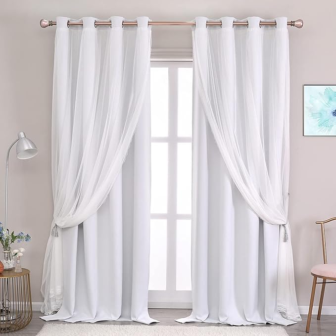 Greyish White Blackout Curtains Set - Double Layers Voile Sheer Light Blocking Draperies with Tie-Backs for Bedroom Windows, 52 x 54 inches, 2 Pieces