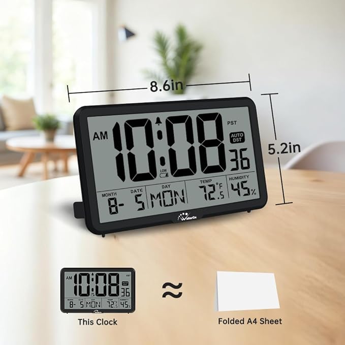 WallarGe Auto Set Digital Wall Clock Battery Operated, Desk Clocks with Temperature, Humidity and Date, Large Display Digital Calendar Alarm Clock for Elderly, Bedroom, Office, 8 Time Zone, Auto DST.