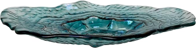 Oyster Shell Decorative Plate, 13 Inch Sea Blue Iridescent Glass | Wide Freeform Shell Form, Wavy Uneven Edges, Glossy Multitone Finish, Sits Flat for Tabletop Display