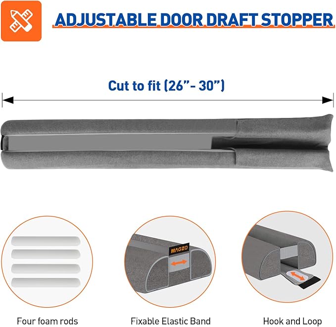 MAGZO Door Draft Stopper for Bottom of Door, 2 Pack 30 Inch Under Door Draft Stopper, Fan Shaped Under Door Gap Filler Bottom, Door Soundproofing, Grey