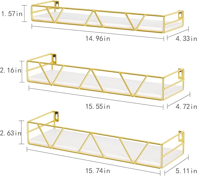 Amaoot Floating Shelves Set of 3, Home Wood Wall Shelf, Farmhouse Shelf for Bedroom, Wall Mounted Floating Shelf for Living Room, Bedroom, Bathroom, Kitchen, Office (Gold)