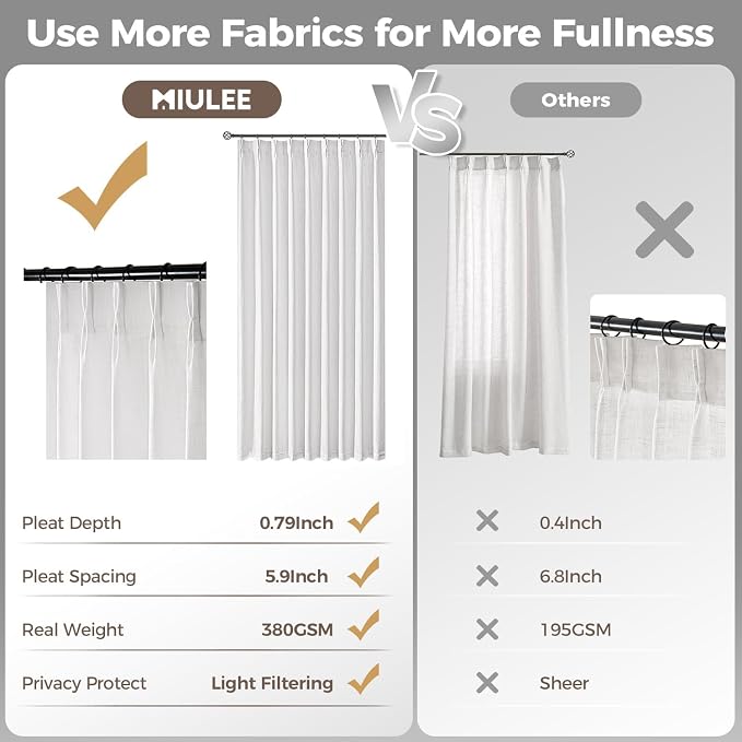 MIULEE Pinch Pleated White Thick Linen Curtains 102 Inches Long 2 Panels, Linen Texture Drapes for Living Room Bedroom, Pinch Pleat Memory Trained Back Tab Light Filtering Window Curtains with Hooks
