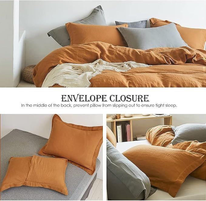 Simple&Opulence 100% Linen Duvet Cover Set 2pcs Natural French Basic Style Washed Flax Solid Color Breathable Soft Farmhouse Bedding with Button Closure (Rust, Twin)