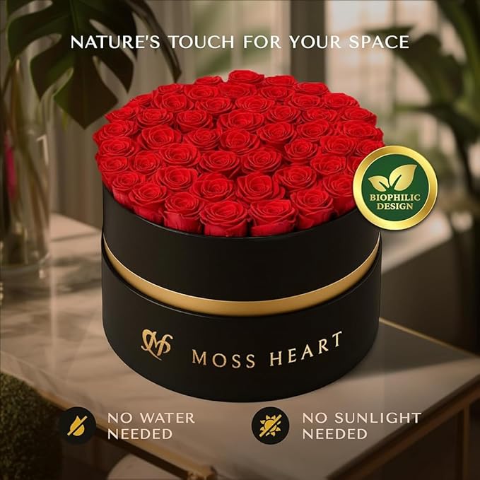 50 Petite Preserved Roses, Designer Round Box, Real Forever Roses Last 1+ Year, Premium Gift for Women, Wife, Girlfriend, Mother’s Day, Birthday, Anniversary, Valentine’s Day