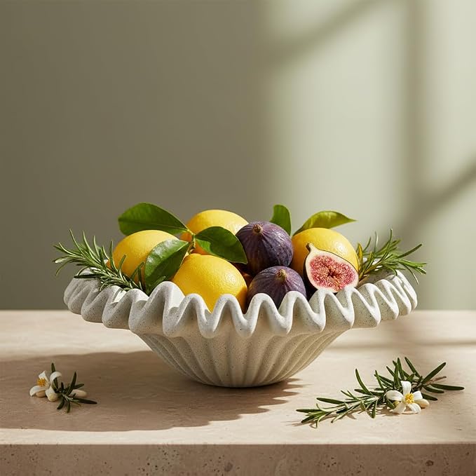 Large Decorative Bowl decor, Scalloped Pedestal Bowls for Modern Home Decor,Ruffle Decor,Stylish Key Bowl for Entry Table,Decorative Fruit Bowl for Kitchen Counter,Light Gray