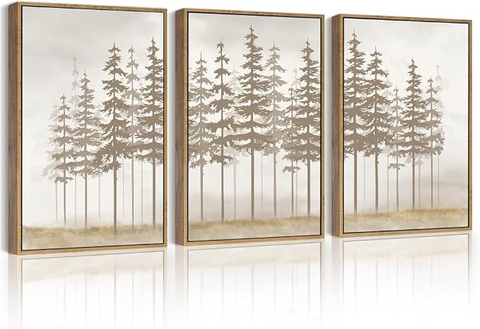 PHOPAGO Watercolor Foggy Pine Tree Framed Wall Art Nature Abstract Misty Forests Wall Decor Farmhouse Rustic Paints for Kitchen Bathroom - 11x14in Natural Framed
