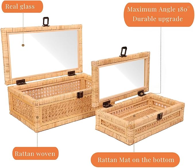 Extra Large Rattan Decorative Box With Lid, Glass Display, Wooden frame，Large size and Rectangular, Set of 2 Woven Decorative Boxes