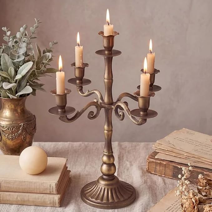 5-Light Metal Floral Candelabra Vintage Bronze Candle Holders Set of 2 for Taper Candles Ornate Antique Farmhouse Brass Candlesticks Centerpiece for Wedding Outdoor Dining Party Mantel Decor