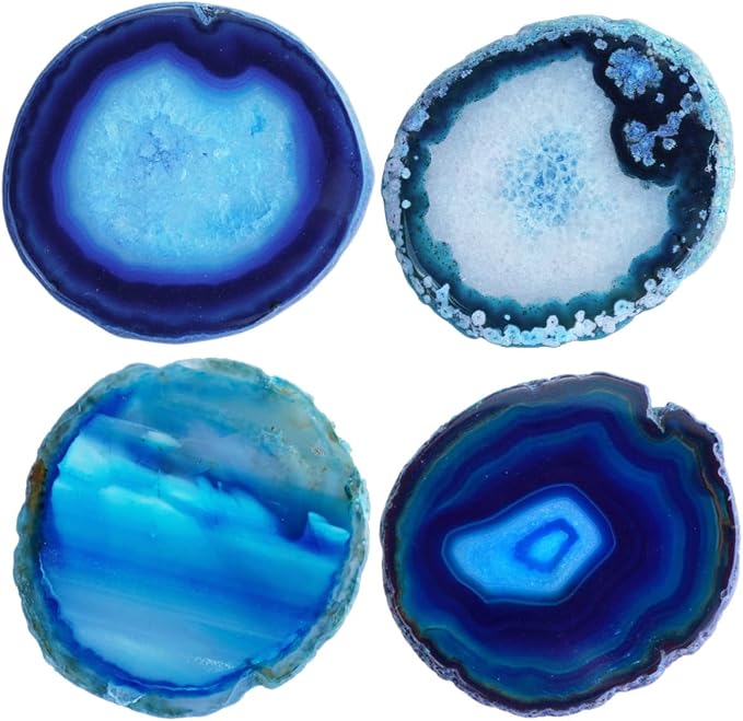 Crystal Coasters Set of 4 Agate Coaster Teal Irregular Dyed 4-5" for Drinks Coffee Wine Bar Glasses with Rubber Bumpers