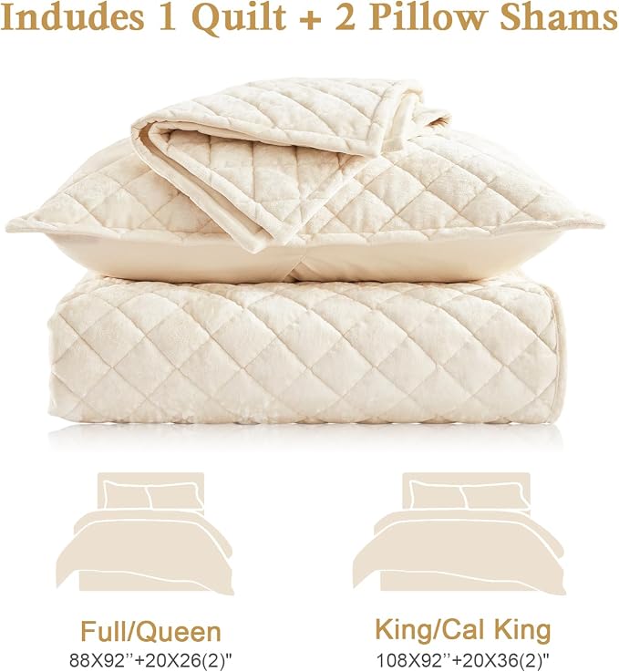 Cosybay Luxury Velvet Quilt Set Queen, Lightweight Oversized Bedspread Coverlet Quilted Box Stitch Bedding Set, with 2 Matching Pillow Shams, for All Season, Cream White