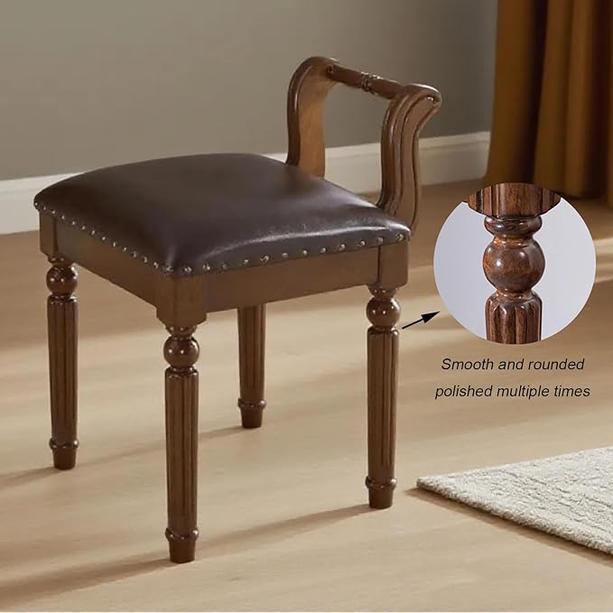 Leather Ottoman Vanity Stool,Brown Chair for Makeup Room,Upholstered Fabric Vanity Bench Seat for Bedroom Living Room Dining Room Makeup Chair Piano (Walnut, 23×17×15)