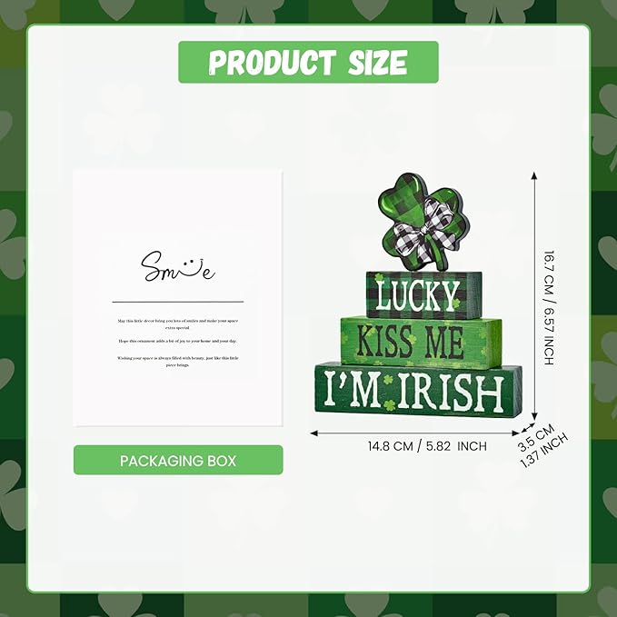Smile St.Patrick's Day Wooden Block Decor Set of 4 Shamrock & "LUCKY KISS ME I'M IRISH", Tabletop Shelf Lucky Holiday Decoration