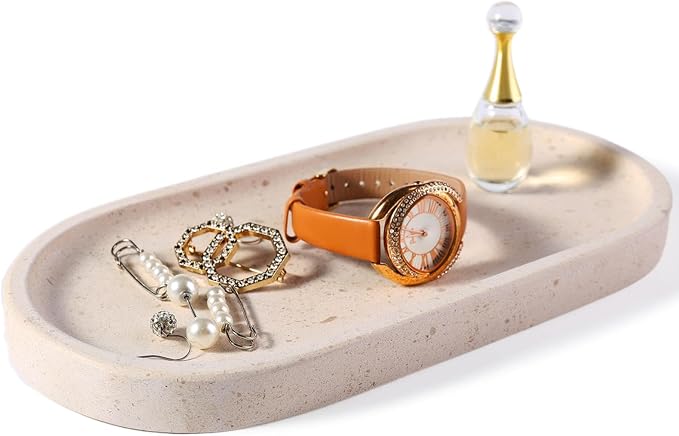 Koville Natural Marble Tray for Bathroom, Vanity Decorative Marble Trays for Countertop Organizer, Catchall Trays for Perfume, Candles, Jewelry, Stone Tray for Decor(Moca Crema Yellow)