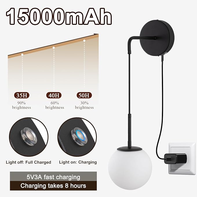 Battery Operated sconces Set of 2 Glass Globe Rechargeable Black Wall Light Fixture Wireless Wall Lights with Clear Glass Shade for Living Room, Hallway, Bedroom(2 Pack)
