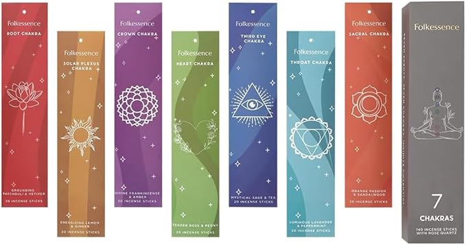 Folkulture Incense Sticks (140 Sticks) | Set of 7 Chakras Premium Incense for Healing, Yoga, Aromatherapy| No Charcoal, Organic, Non Toxic, 60 Mins, Long Burning Frankincense, Lavender Insence-Sticks