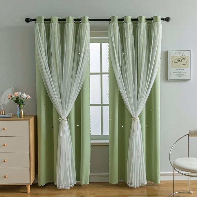 FANLI 2 Panels Star Blackout Curtains for Kid Girls Bedroom Living Room Darking Stripe Double Layer Star Cut Out Wall Home Decor Gradient Grommet Window Curtains (Green 72L)
