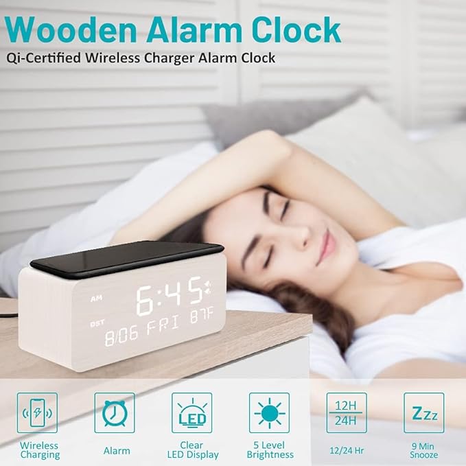 Andoolex Wooden Digital Alarm Clock with Wireless Charging, 0-100% Adjustable Brightness Dimmer and Alarm Volume, Weekday/Weekend Mode, Dual Alarm, Snooze, 12/24H, Wood LED Clock for Bedroom (White)
