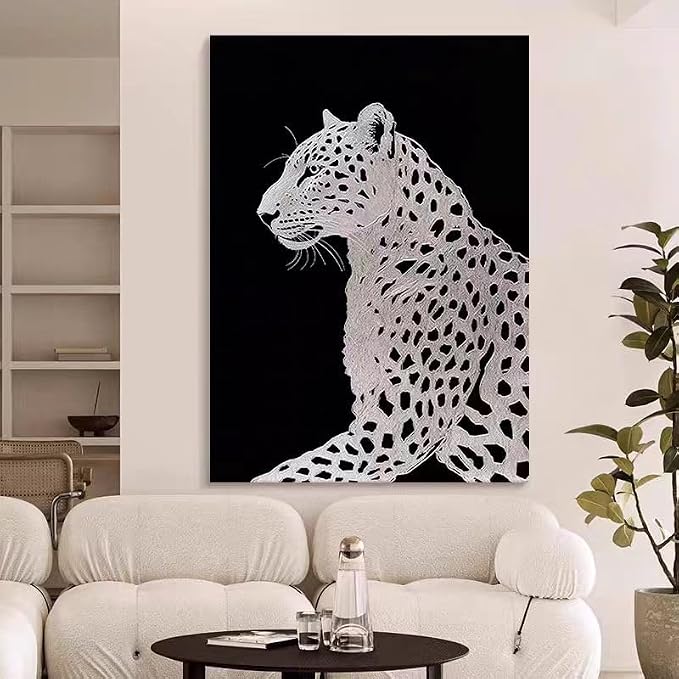 YaSheng Art : Hand Painted Oil Painting,Canvas Wall Art, Modern Black and White Leopard Wall Art Canvas, Large Contemporary Wildlife Home Decor Wall Art for Living Room, 24x36 inches