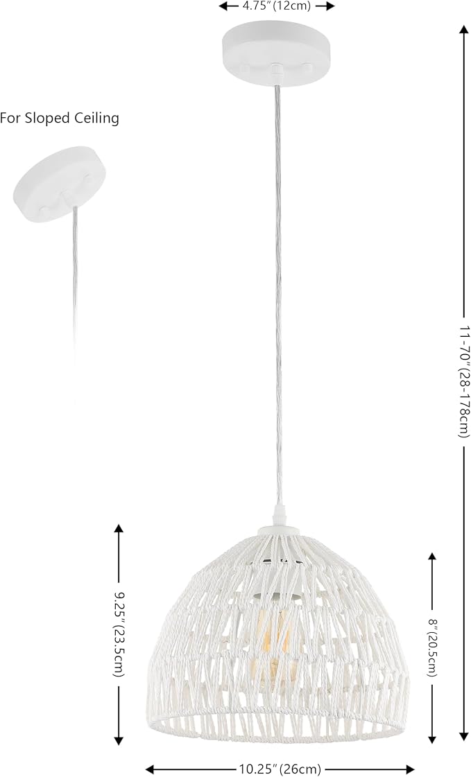 JONATHAN Y 10.25" White Modern Bohemian Woven Rope LED Pendant Light Fixture, Adjustable Dome Ceiling Lamp for Kitchen Island, Rope Shade, Coastal Farmhouse Decor (JYL6513A)