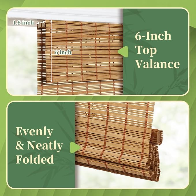 AGESISI Bamboo Roman Shades with Valance Cover, Cordless Blinds for Indoor Windows, Light Filtering Woven Wood Shades for Home & Patio, Privacy Protection, 22" W x 64" H, Carbonized