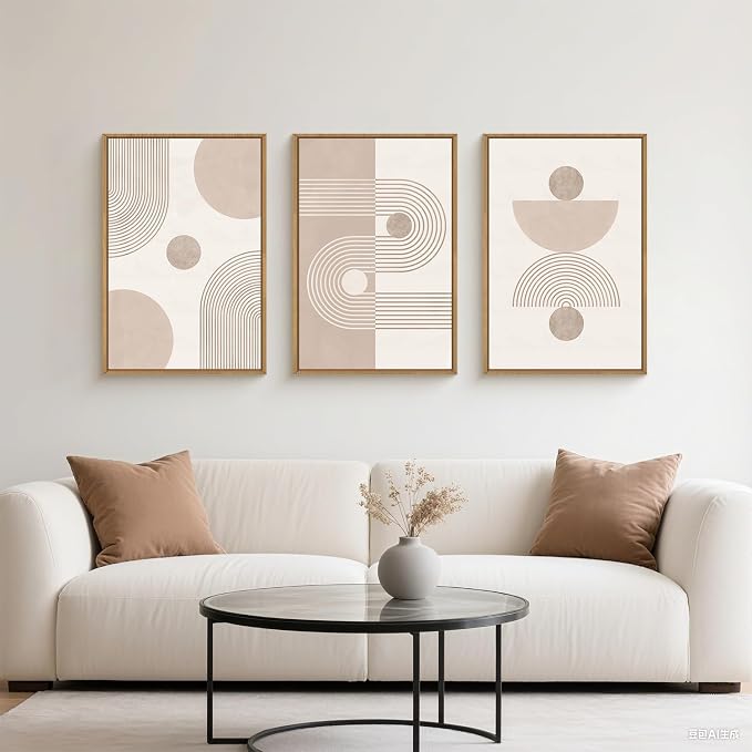 HPINUB Boho Abstract Framed Canvas Wall Art Set, Beige Mid Century Wall Decor, Neutral Geometric Minimalist Line Artwork for Living Room, Bedroom, Dining Room, Office, Bathroom - 16"x24"x3