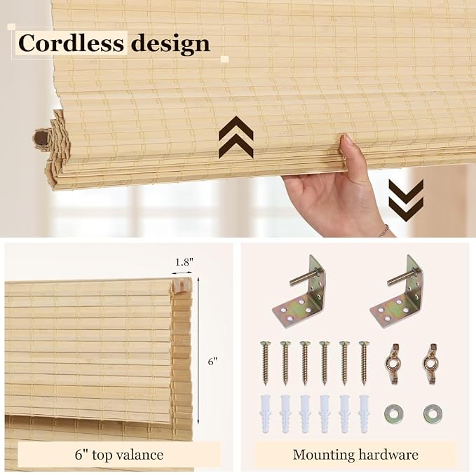 LUCKUP Cordless Bamboo Roman Blinds Shades for Indoor Windows-Blackout Room Darkening Roman Blinds with 6" Valance Cover Enhanced Privacy, 32" W x 64" H