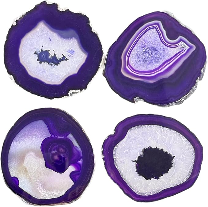 4pcs Agate Coaster for Drinks Purple Irregular Crystal Coasters Dyed with Rubber Bumpers for Coffee Wine or Bar Glasses 4-5"