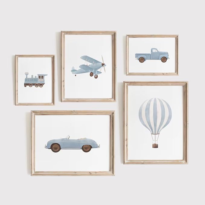 Blue Car Wall Art Decor Boys Room Canvas Poster Vintage Train Transportation Wall Art Watercolor Toddler Art Prints Blue Car Pictures Painting for Boy Bedroom Kids Nursery 8x10 Inch Unframed Set of 5