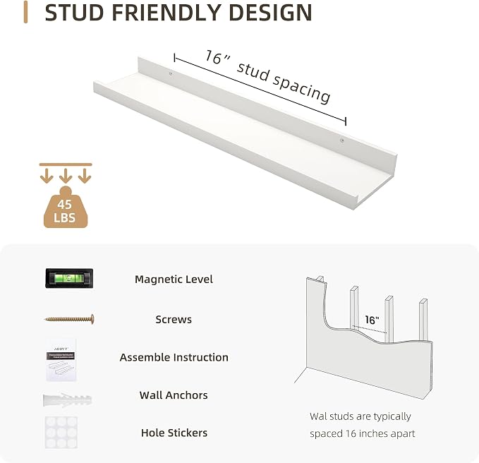 Acovy 24 inch Picture Ledge Shelf, Wood Floating Shelves Set of 4, White | Wall Mounted, For Living Room Kids' Room Bedroom, Photo Ledge Nursery Book Shelves