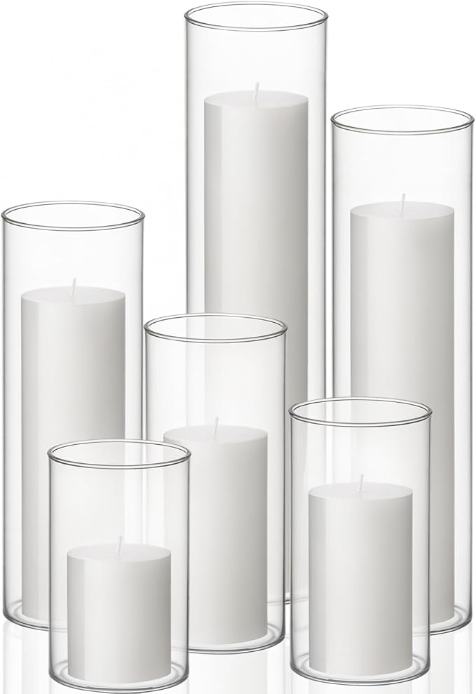 Shihanee Set of 6 Pillar Candles and Glass Cylinder Vases Assorted Sizes Cylinder Holders for Pillar Candles Home Table Centerpieces Wedding Party Decorations (White)