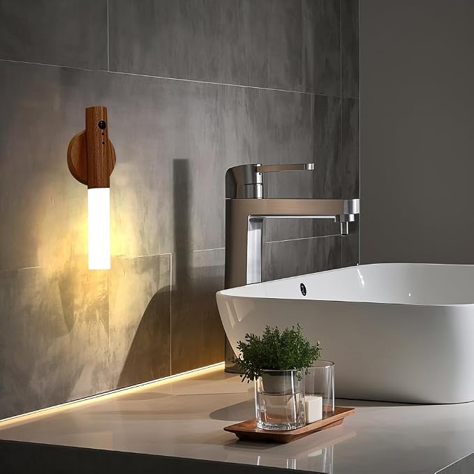 LANDGOO Wooden Motion Sensor RGB Night Lights Indoor, Magnet Body Hallway Rechargeable LED Wireless Battery Operated Wall Sconce (1, RGB Walnut Wood)