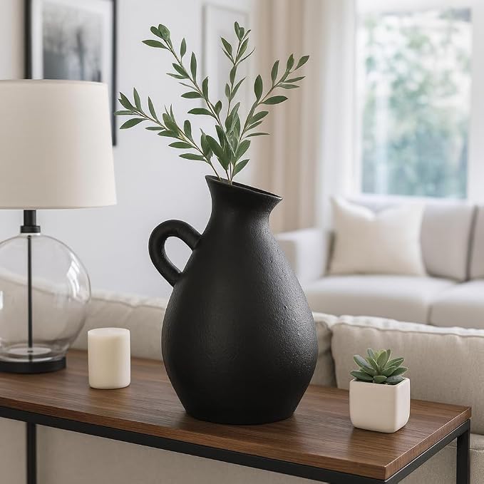 Terracotta Jug with Handle Vase for Living Room Decor - Decorative Home Accents for Bedroom, Office, and Table Centerpiece - Modern Flower Vase for Kitchen Counter and House Styling - 18", Black