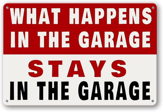 Metal Tin Garage Sign Man Cave Wall Decor For Men What Happens In The Garage Stays In The Garage Signs Funny Room Accessories Home Decorations Bar Signs Garage Rules Garage Stuff Gifts 12 X 8 Inch