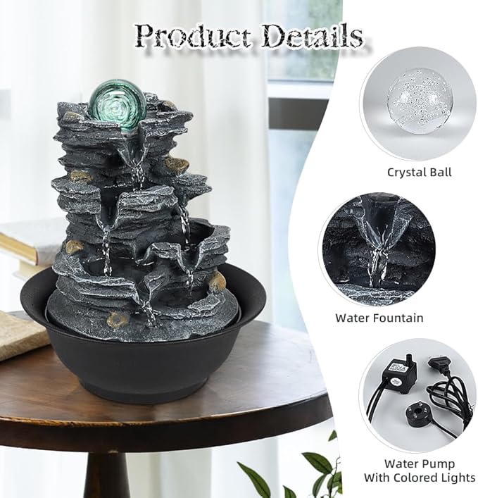 Tabletop Water Indoor Fountain Waterfall Indoor Water Fountains Feng Shui Zen Decorative Desktop Fountain with Colored Led Light and Spinning Ball for Room,Office(Style 1)