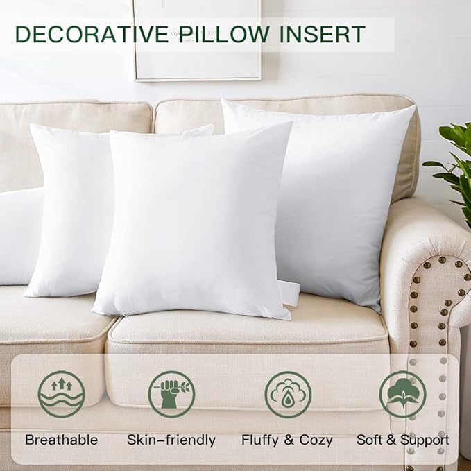 OTOSTAR Pack of 4 Throw Pillow Inserts, 18 x 18 Square Cushion Inner Soft Fluffy Plump Stuffer Cushion Pads White Decorative Pillow Inserts